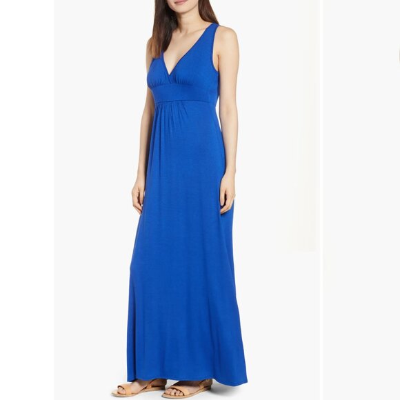 V-Neck Jersey Maxi Dress, "Blue Maze," size PM - Picture 1 of 2